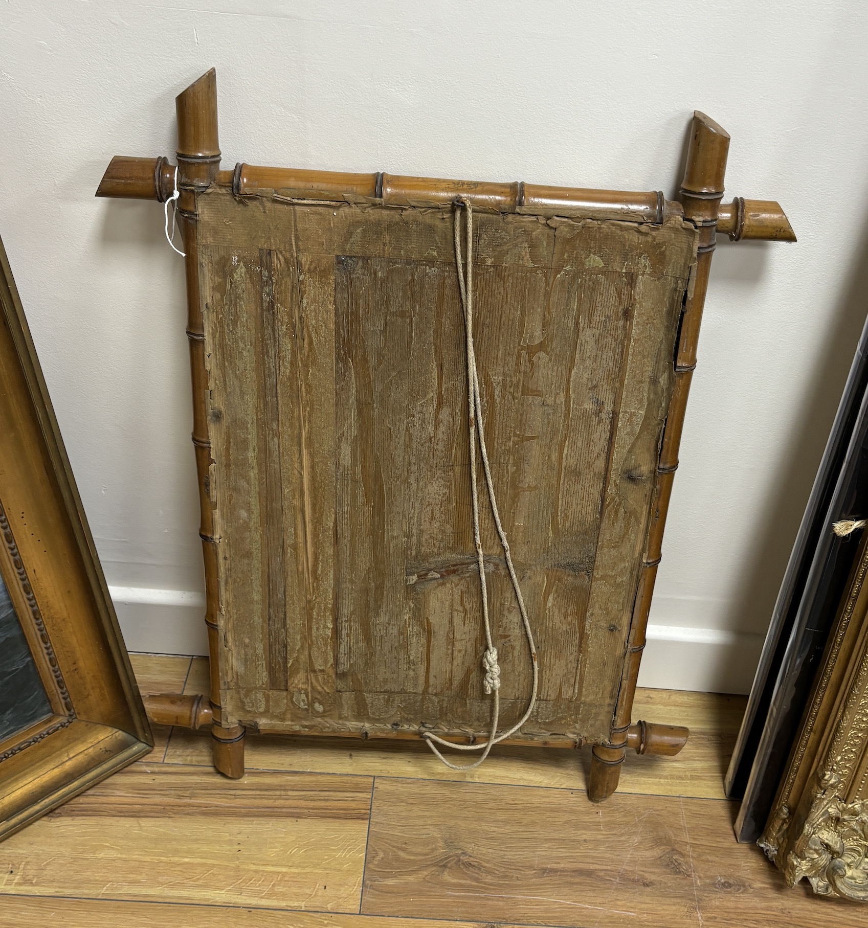 A late 19th/ early 20th century French rectangular simulated bamboo cherry wall mirror, width 56cm, height 72cm